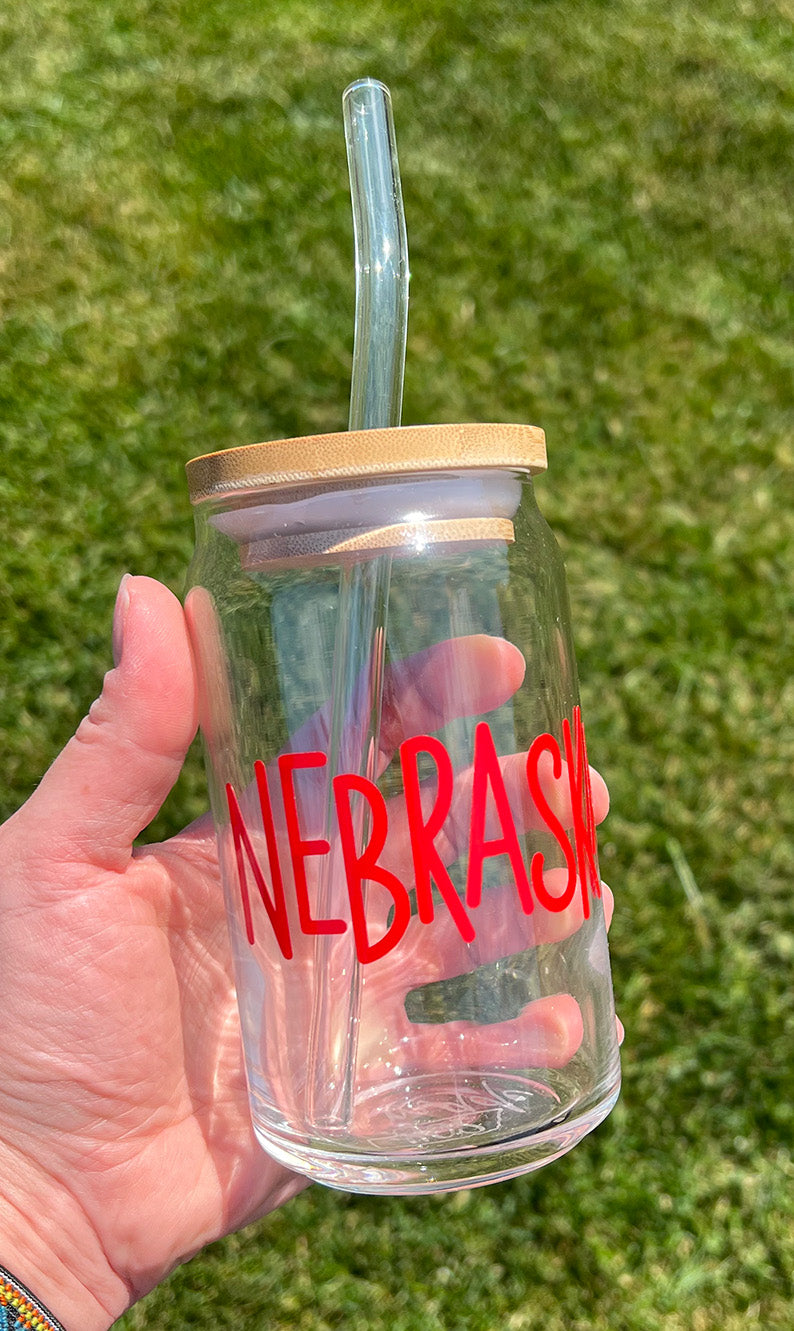 Red Nebraska State 16oz Libbey Glass with Lid and Straw