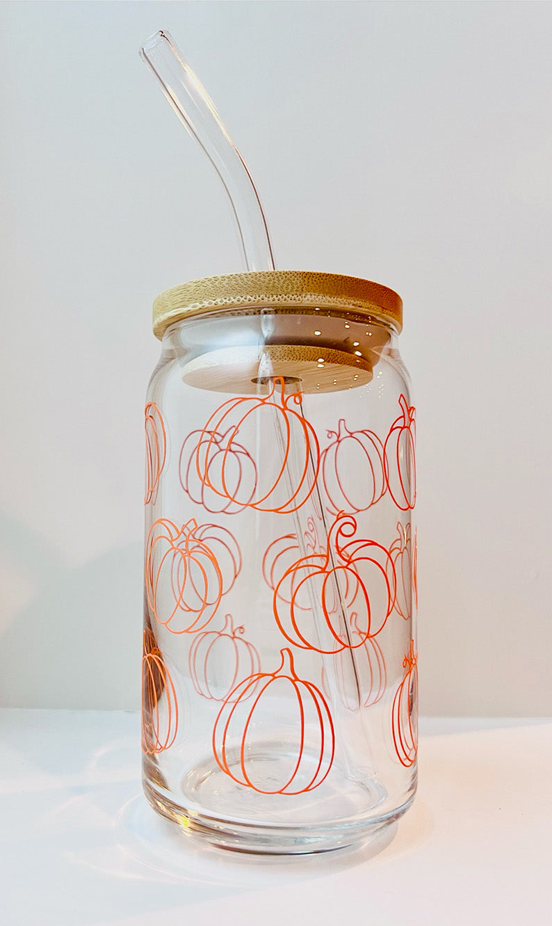 Pumpkins 16oz Libbey Glass with Lid and Straw