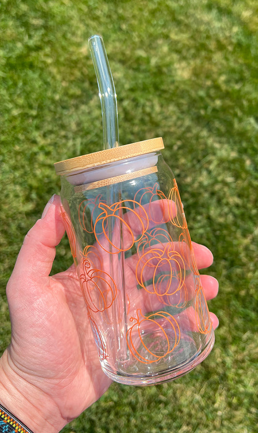 Pumpkins 16oz Libbey Glass with Lid and Straw