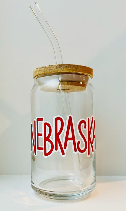 Nebraska 16oz Libbey Glass with Lid and Straw