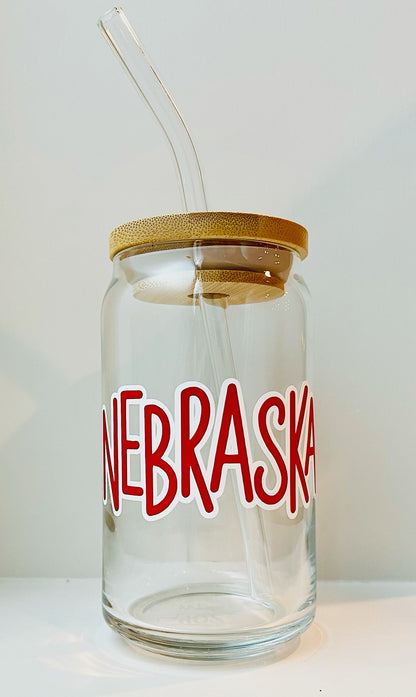 Nebraska- 16oz Libbey Glass with Lid and Straw