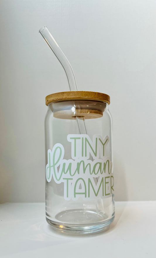 Tiny Human Tamer 16oz Libbey Glass with Lid and Straw