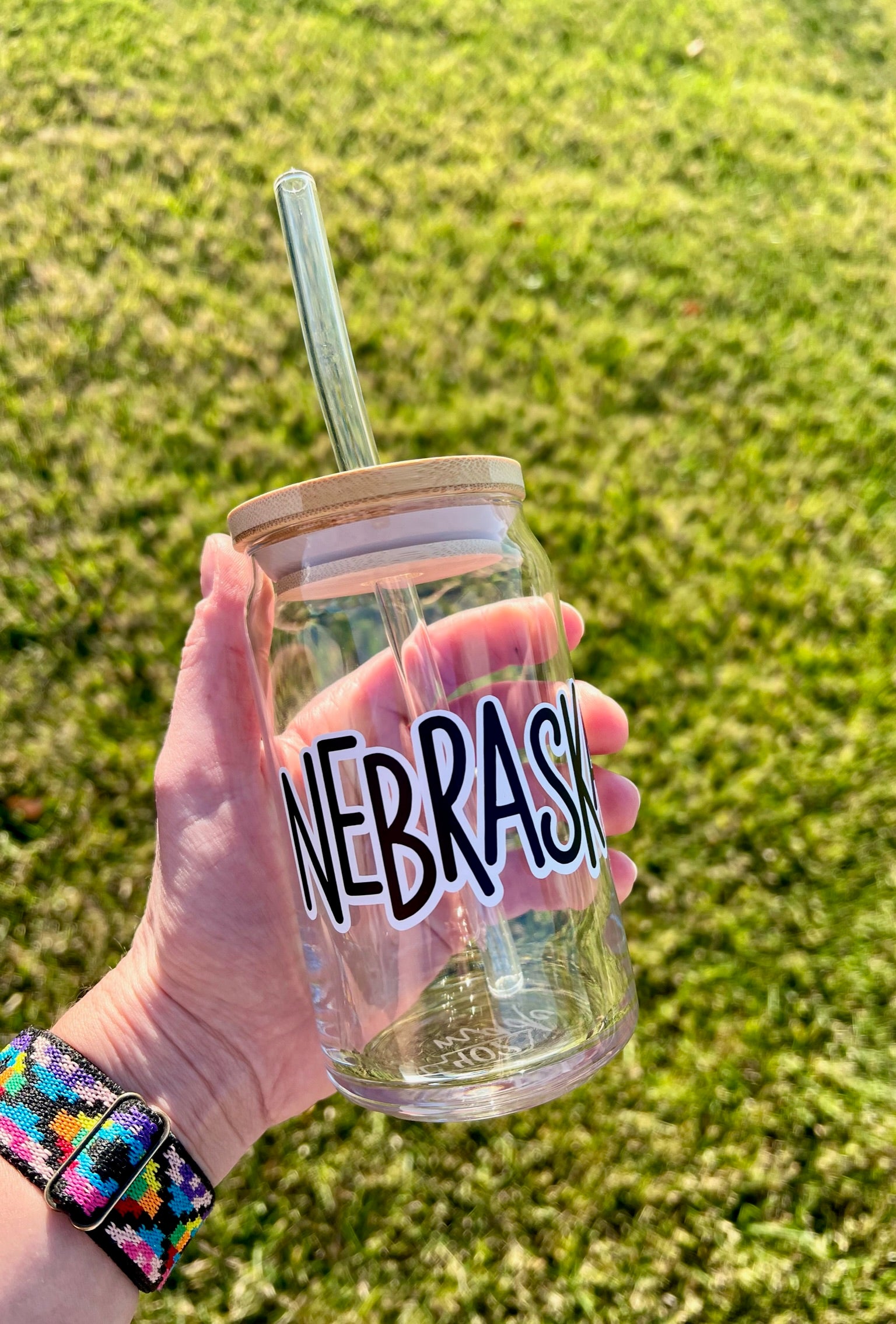 Holographic Nebraska 16oz Libbey Glass with Lid and Straw