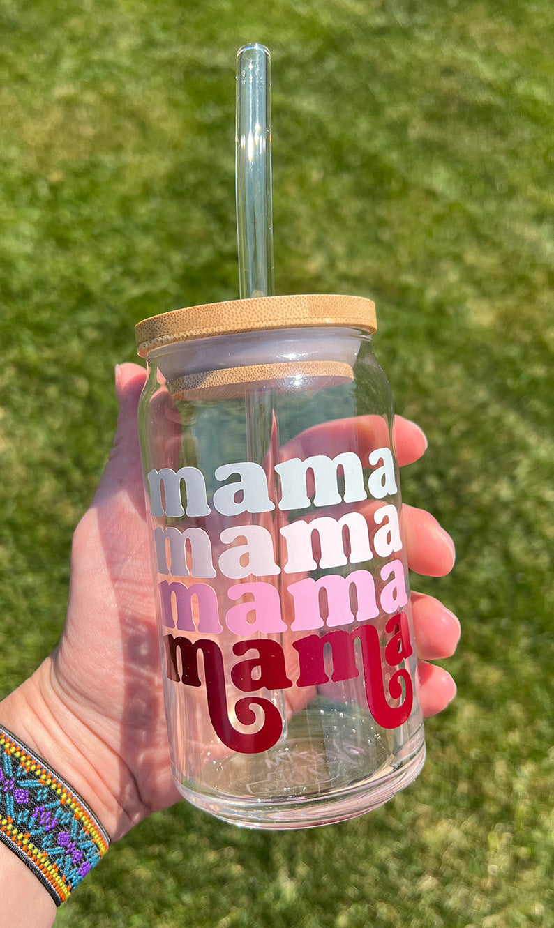 Mama 16oz Libbey Glass with Lid and Straw